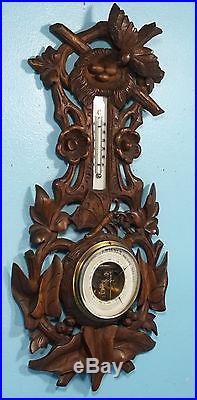 Antique Swiss Black Forest Wood Carved Barometer Thermometer Bird Butterfly