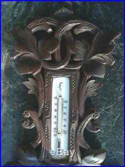 Antique Swiss Black Forest Wood Carving BAROMETER THERMOMETER