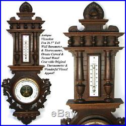 Antique Swiss French Carved 26.5 Wall Barometer & Thermometer, Foliate Accents