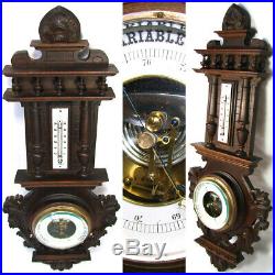 Antique Swiss French Carved 26.5 Wall Barometer & Thermometer, Foliate Accents