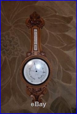 Antique Taylor Nottingham Carved Oak Victorian Banjo Barometer/ Thermometer