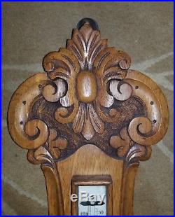 Antique Taylor Nottingham Carved Oak Victorian Banjo Barometer/ Thermometer