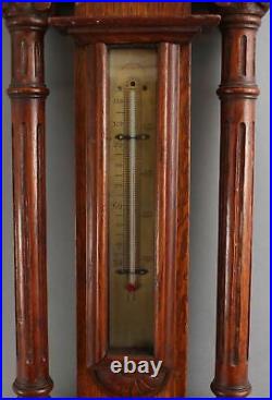 Antique Victorian 19thC Carved Oak Wall Barometer Thermometer Weather Station