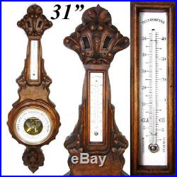 Antique Victorian 31 Wall Barometer & Thermometer, Lovely Carved Walnut Case