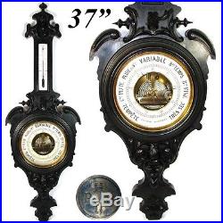 Antique Victorian 37 Wall Barometer, Thermometer, Carved & Ebonized Wood Case