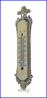 Antique Victorian Art Nouveau Cast Brass Wall Hanging Alcohol Thermometer 8.5