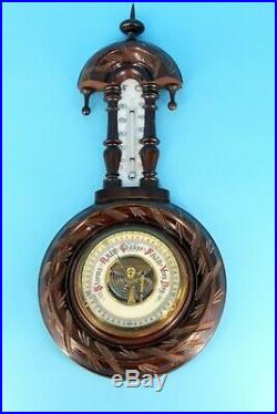 Antique Victorian Barometer & Milk Glass Thermometer Carved Wood Walnut 18.5