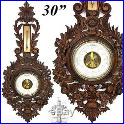 Antique Victorian Black Forest Style Carved 30 Wall Barometer Bows & Ribbons