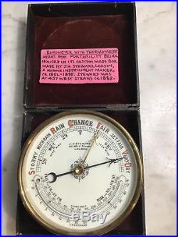 Antique Victorian Brass Barometer&Thermometer With Leather Case