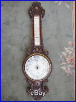 Antique Victorian English Hand Carved Wooden Wall Barometer Thermometer