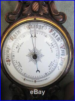 Antique Victorian English Hand Carved Wooden Wall Barometer Thermometer