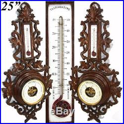 Antique Victorian Era Black Forest Style Carved 25 Wall Barometer & Thermometer