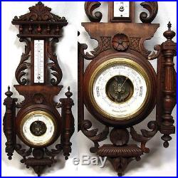 Antique Victorian Era Black Forest Style Carved 26 Wall Barometer & Thermometer