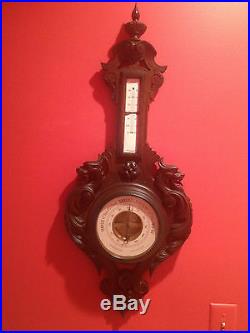 Antique Victorian Era Carved Griffin Wall Barometer Aneroide Thermometer