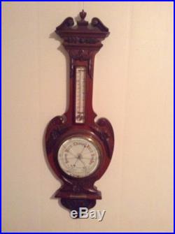 Antique Victorian Era Carved Wall Barometer Aneroide Thermometer