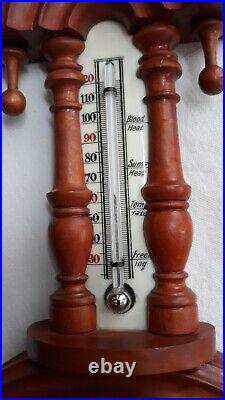 Antique Victorian Era Carved Wood Wall Barometer With Milk Glass Thermometer