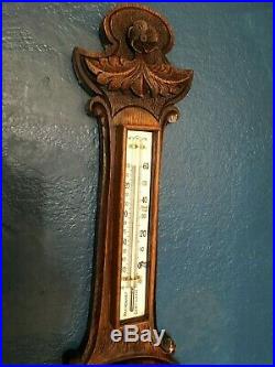 Antique Victorian Era English Dark Oak hand carved Aneroid Banjo Wall Barometer