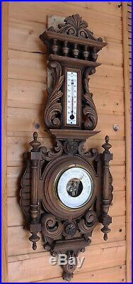 Antique Victorian French Style WoodCarved 31 Wall Barometer & Thermometer