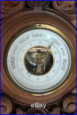Antique Victorian French Style WoodCarved 31 Wall Barometer & Thermometer