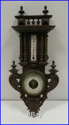 Antique Victorian Hand Carved Wall Barometer with Glass Thermometer