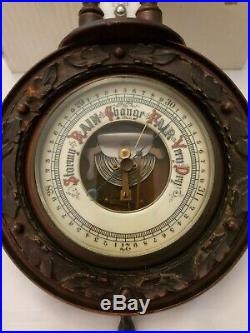 Antique Victorian Hand Carved Wood Wall Barometer with Milk Glass Thermometer 21in