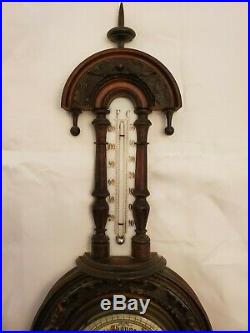 Antique Victorian Hand Carved Wood Wall Barometer with Milk Glass Thermometer 21in