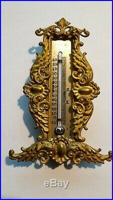 Antique Victorian Ornate Brass Desk Thermometer Signed 1901
