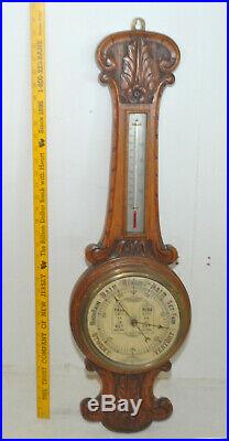 Antique Victorian Ornate Carved Oak Aneroid Wall 33.5 Barometer & Thermometer