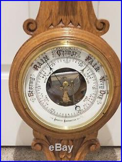 Antique Victorian Ornate Fancy Carved Oak Aneroid Wall Barometer & Thermometer