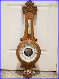 Antique Victorian Ornate Fancy Carved Oak Aneroid Wall Barometer & Thermometer