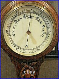 Antique Victorian Ornate Hand Carved Oak Aneroid Wall Barometer & Thermometer
