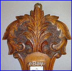 Antique Victorian Solid Oak Carved Aneroid Banjo Barometer Thermometer c1890