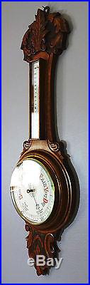 Antique Victorian Solid Oak Carved Aneroid Banjo Barometer Thermometer c1890