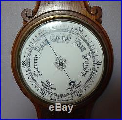 Antique Victorian Solid Oak Carved Aneroid Barometer Thermometer c1890