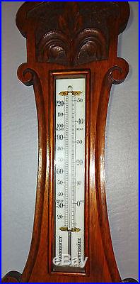 Antique Victorian Solid Oak Carved Aneroid Barometer Thermometer c1890