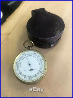 Antique Victorian Townson & Mercer London Brass Pocket Barometer in Leather case