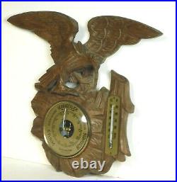 Antique Vintage Black Forest Carved Wood Aneroid Barometer EAGLE 1930s Brass OLD