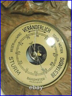 Antique Vintage Black Forest Carved Wood Aneroid Barometer EAGLE 1930s Brass OLD