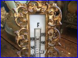 Antique Vintage Thermometer In A Fancy Art Nouveau Brass Frame Easel Back