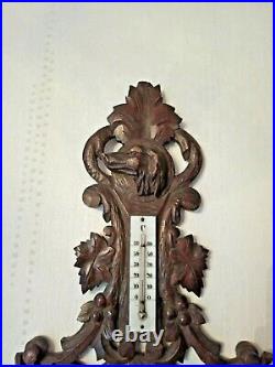 Antique Wall Wood Carved Black Forest Boar Bird Hunting Barometer Thermometer