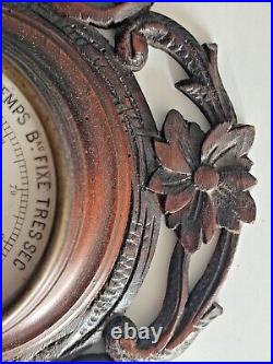 Antique Wall Wood Carved Black Forest Flower Barometer Signed EH Paris