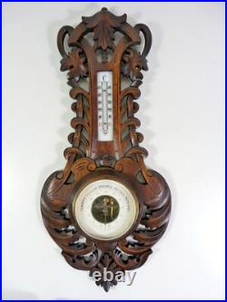Antique Wall Wood Carved Black Forest Leaves Decoration Barometer & Thermometer