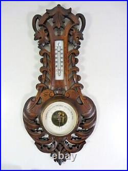 Antique Wall Wood Carved Black Forest Leaves Decoration Barometer & Thermometer