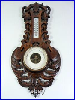 Antique Wall Wood Carved Black Forest Leaves Decoration Barometer & Thermometer