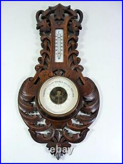 Antique Wall Wood Carved Black Forest Leaves Decoration Barometer & Thermometer
