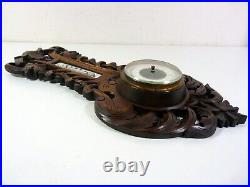 Antique Wall Wood Carved Black Forest Leaves Decoration Barometer & Thermometer