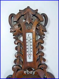 Antique Wall Wood Carved Black Forest Leaves Decoration Barometer & Thermometer
