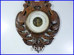 Antique Wall Wood Carved Black Forest Leaves Decoration Barometer & Thermometer