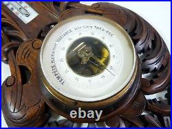 Antique Wall Wood Carved Black Forest Leaves Decoration Barometer & Thermometer