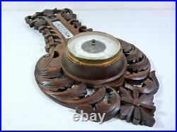 Antique Wall Wood Carved Black Forest Leaves Decoration Barometer & Thermometer